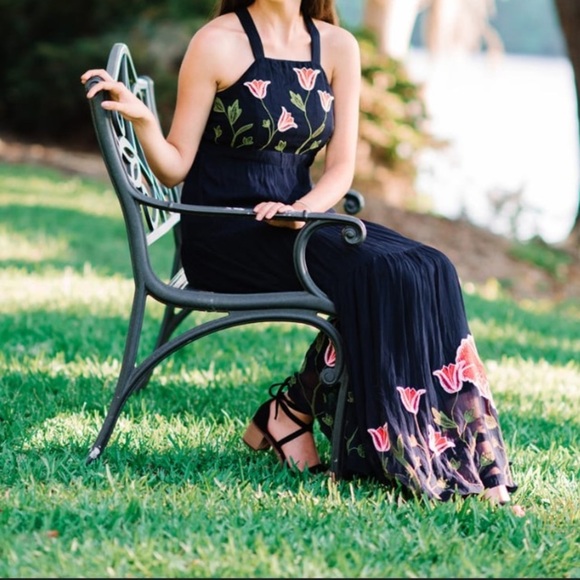 Anthropologie Floreat floral Navy
Blue Embroidered Maxi Dress boho formal fall - Picture 3 of 14
